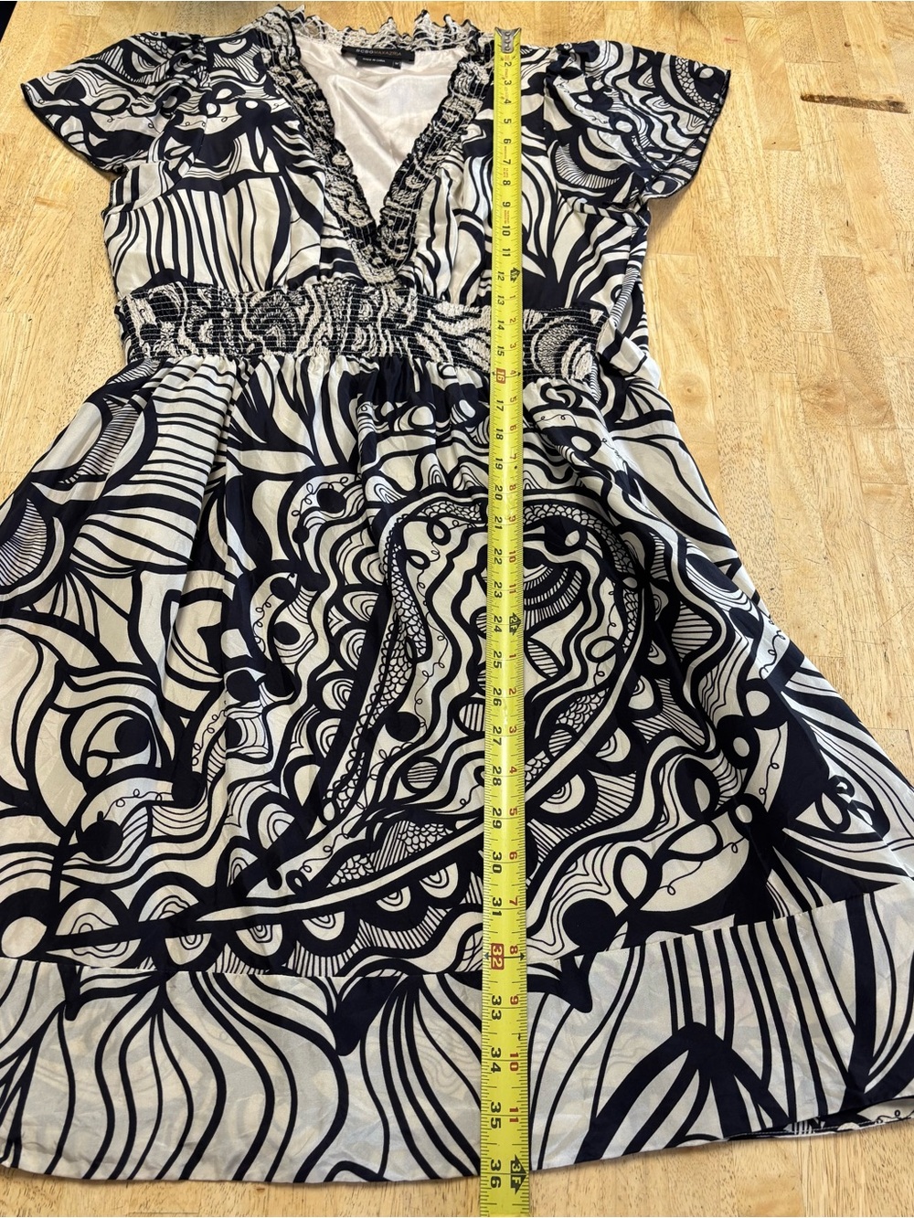 BCBGMaxAzria Black and Cream V-Neck Smocked-Waist Midi Dress - Picture 5 of 5
